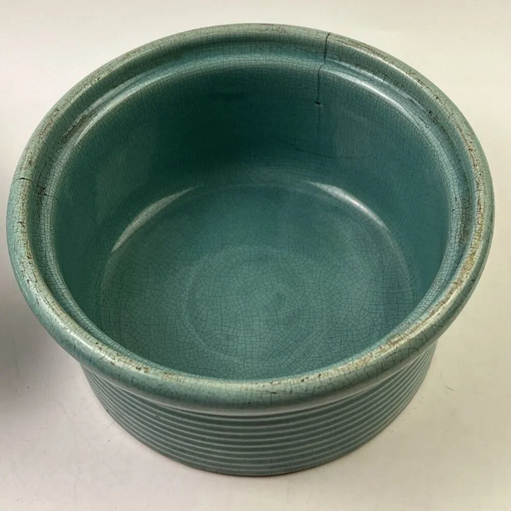 Vintage Faberware Turquoise Ceramic Covered Casserole Dish W/Metal Holder Below:
